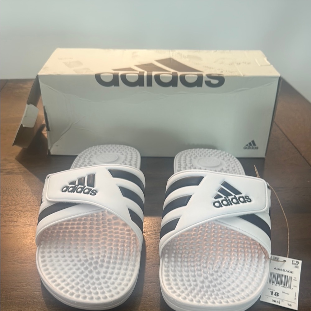 Adidas White and Black Men’s Slides - SZ 18